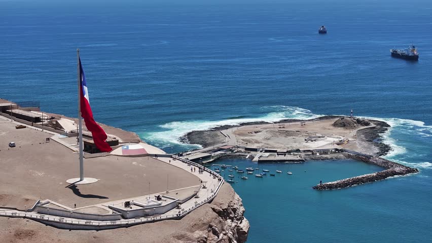 Aerial view of Morro de Arica. A historic hill linked to the history of Chile, located in the city of Arica, Chile
