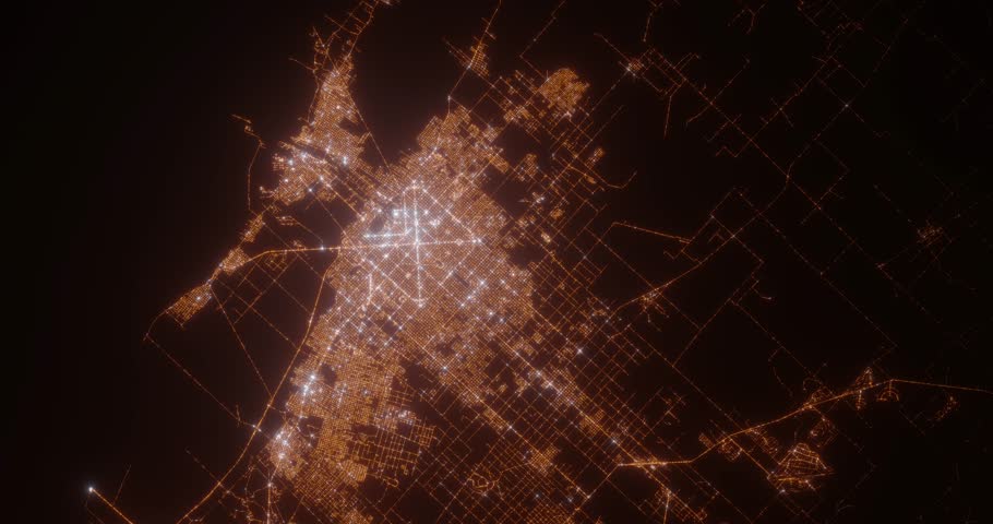 La Plata (Argentina) top view at night. Aerial view on modern city from space. Camera is flying above the city, moving forward. Vertical video. The north is on the left side
