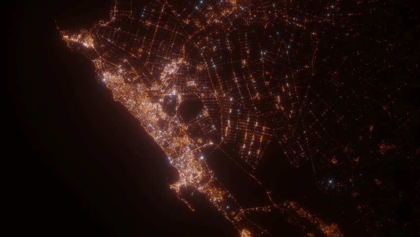 Alexandria (Egypt) top view at night. Aerial view on modern city from space. Camera is flying above the city, moving forward. Vertical video. The north is on the left side