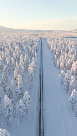 Discover the breathtaking beauty of Akaslompolo in Lapland, Finland, where a pristine road winds through snow-laden forests, creating a tranquil winter escape bathed in soft sunlight.