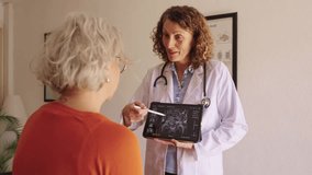 Professional doctor explaining a pelvic mri scan on a digital tablet to an older female patient during a medical consultation in her office - Powered by Shutterstock - Get 15% off with code: PIKWIZARD15