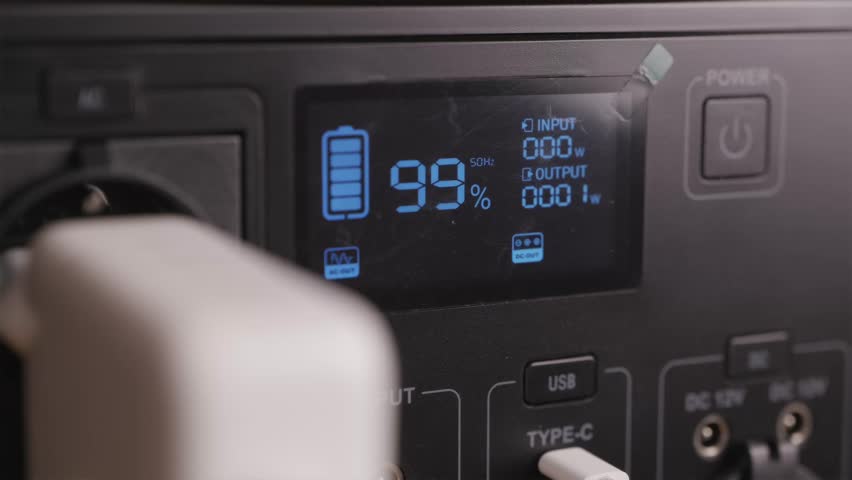 A macro shot of a portable power station's digital LCD display, showing real-time power consumption in watts. The clear, illuminated screen provides accurate data on energy usage, battery percentage, and remaining runtime, highlighting the smart monitoring features of modern backup battery systems.