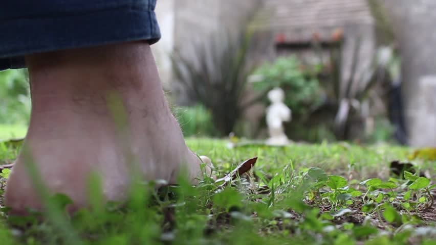 Low angle view of bare male feet walking on green grass and stepping on a dry leaf, slow motion.
