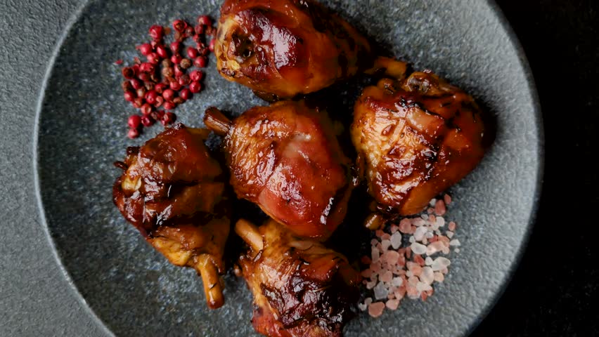 Fried chicken legs with teriyaki sauce, oven baked meat. Chicken legs as a food backdrop for your design