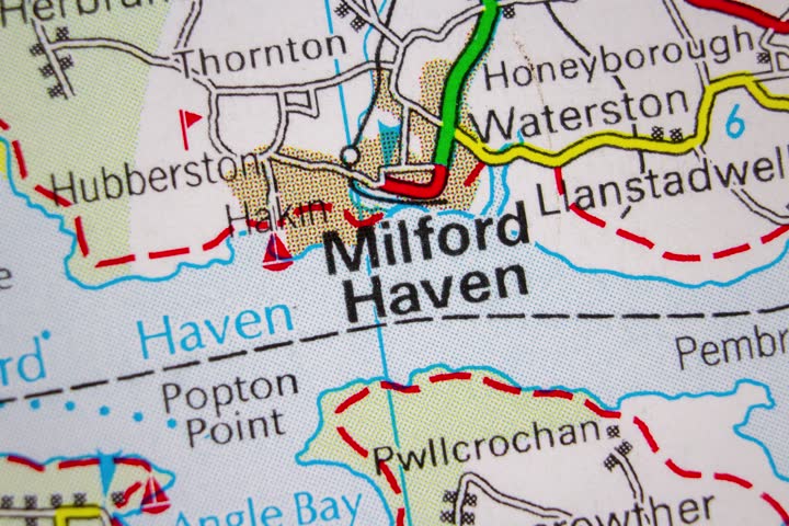 Milford Haven - Wales, United Kingdom colour atlas map town name of the area zoom in.