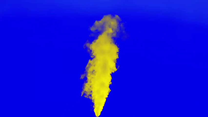 Yellow smoke plume rising upward with soft diffusion and organic flow isolated on solid blue background 