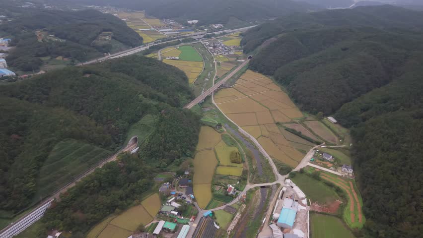 This high-angle drone shot captures a picturesque valley in rural South Korea, featuring a high-speed railway line passing through green mountains via tunnels. The landscape is dotted with vibrant rice paddies in various stages of harvest, a winding river, and a small residential village with colorful roofs. A highway stretches across the distant hills under an overcast sky, showcasing the harmony between modern infrastructure and traditional agriculture. Concept of rural development and peaceful countryside living.
