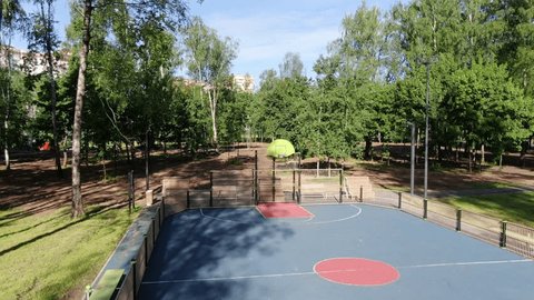 Drone Flying Backward Park Basketball Court