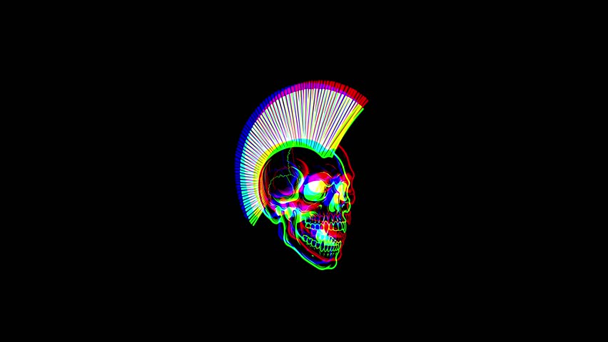 Animated punk skull with a vibrant mohawk featuring a digital glitch effect, chromatic aberration, and RGB color shifts on a solid black background.