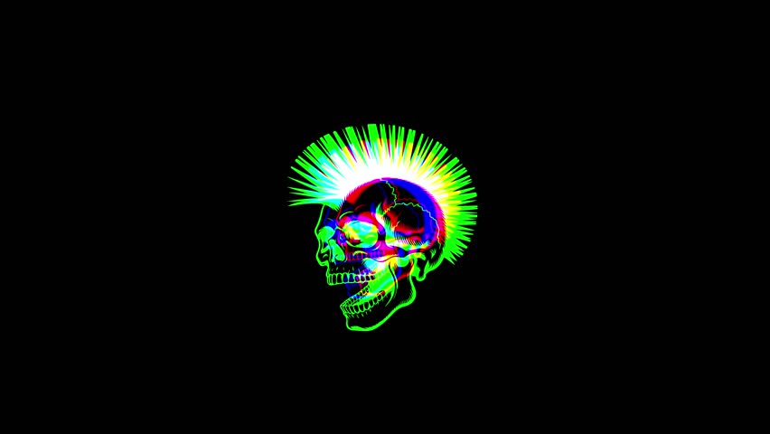Animated punk skull with a vibrant mohawk featuring a digital glitch effect, chromatic aberration, and RGB color shifts on a solid black background.