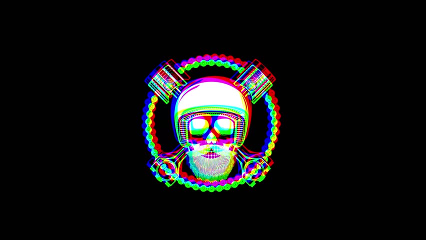 Intricately detailed sugar skull with ornate floral patterns and a small cross on the forehead, featuring a vibrant digital glitch effect on a solid black background.