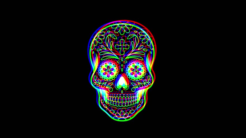 Intricately detailed sugar skull with ornate floral patterns and a small cross on the forehead, featuring a vibrant digital glitch effect on a solid black background.
