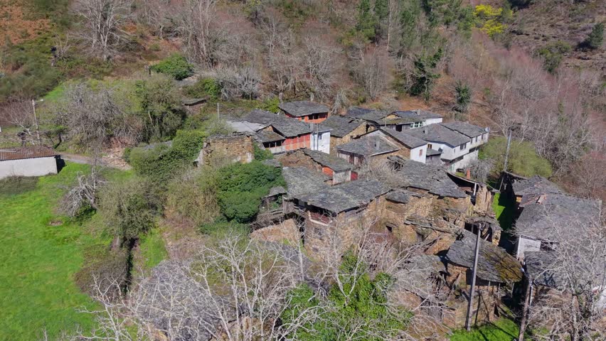 The Traditional Spanish Village Of Campodola In The Province Of Lugo, Galicia, Spain. Aerial Shot