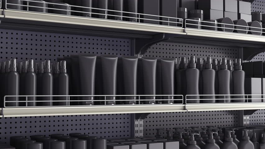 Black shelves filled with cosmetics and beauty products in black packaging. Free space on the shelf for placing the advertised product. Branding mockup background.