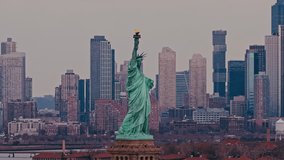 Aerial panorama of New York City with Liberty statue. Drone view of Liberty statue above New York City. Liberty statue in New York City from above. Aerial view with Liberty statue and NYC. - Powered by Shutterstock - Get 15% off with code: PIKWIZARD15
