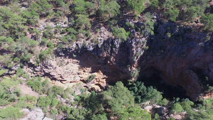 Long aerial Drone shot over a deep, narrow Canyon rift, carved through a Karst landscape covered in dense pine Forests. The view emphasizes the scale and geological fissure of the terrain.