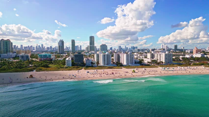 Miami district sky view. Miami ocean shore. Miami Beach skyline. Miami city panorama with skyscrapers.