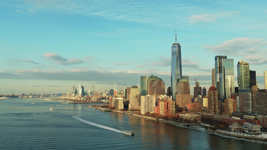 New York skyline panoramic cityscape. New York famous skyscrapers horizon. New York aerial drone panorama. New York waterfront view.
