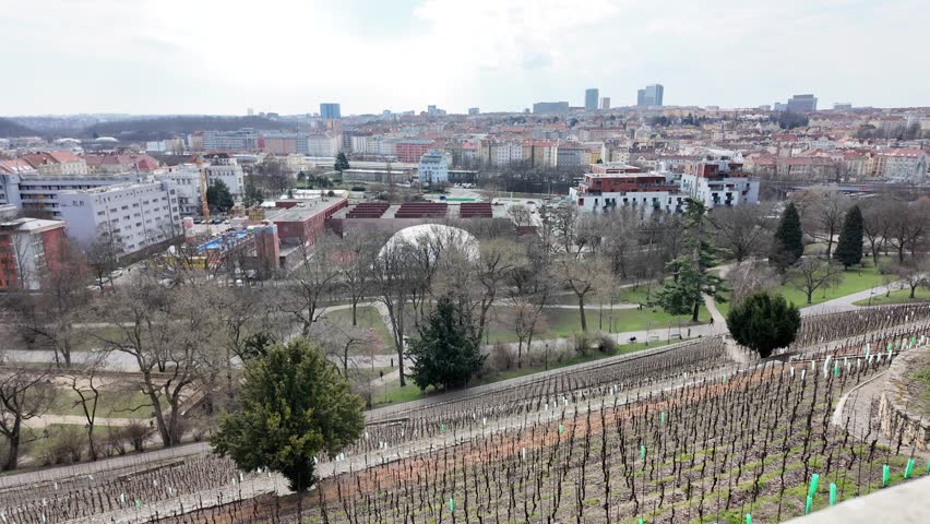 Prague, Czech Republic - March 11, 2026 - Grebovka Park - Panoramic view of a city skyline with vineyards in the foreground during daytime