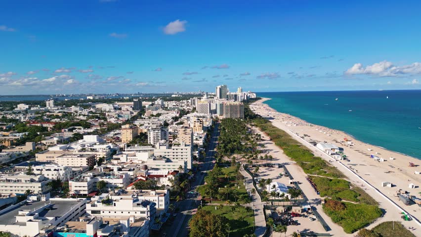 Miami seaside with turquoise ocean and sky. Miami shoreline. Miami Beach skyline. Miami coastline from drone.