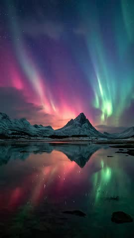 The Magnificent Aurora Borealis Dances Over Snow-Covered Peaks and Mirror Lakes