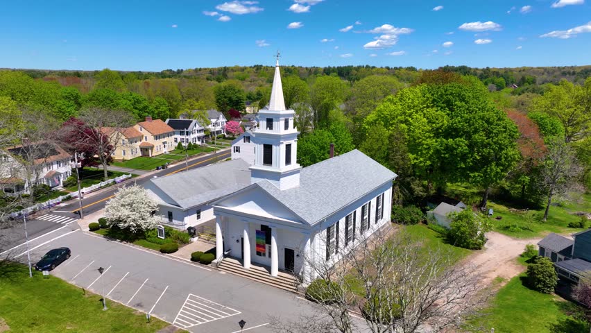 Congregational Church aerial view on Village Green in historic village of Slatersville, town of North Smithfield, Rhode Island RI, USA. 