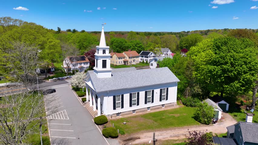 Congregational Church aerial view on Village Green in historic village of Slatersville, town of North Smithfield, Rhode Island RI, USA. 