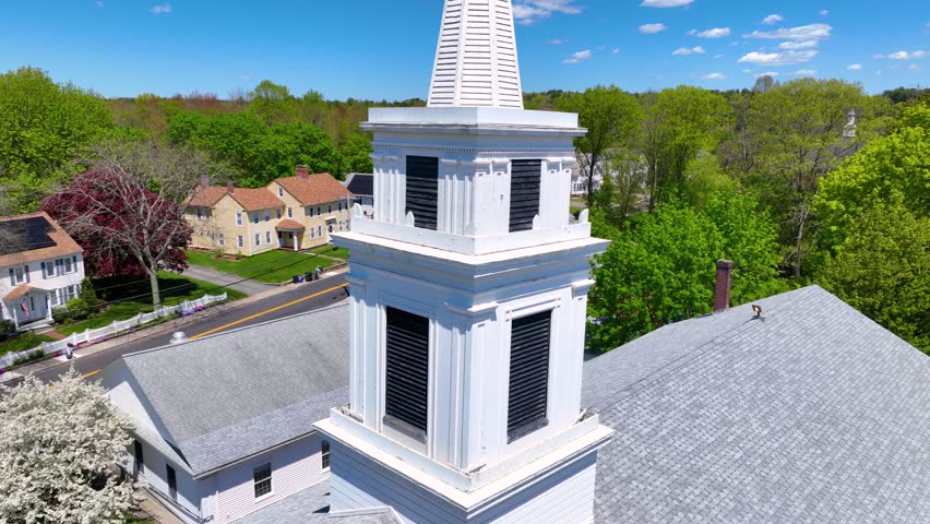Congregational Church aerial view on Village Green in historic village of Slatersville, town of North Smithfield, Rhode Island RI, USA. 