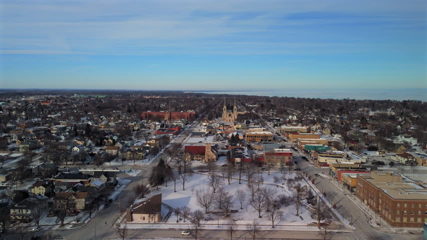 Sheboygan Wisconsin winter neighborhood with snowy streets and construction site