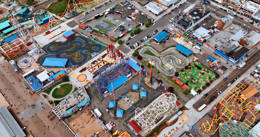 Numerous attractions in the amusement park. Drone footage over the Coney Island, Brooklyn, New York, USA.