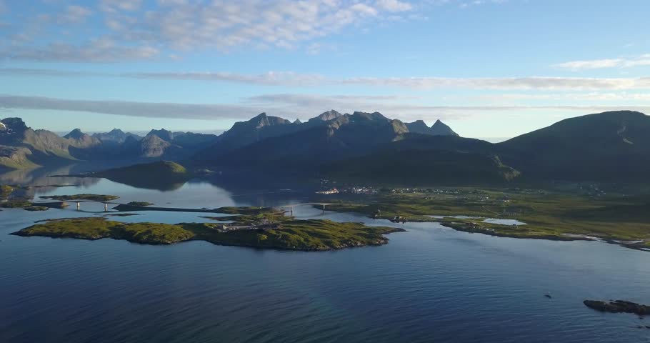 Coastal landscape with mountains and village in Lofoten Islands Norway