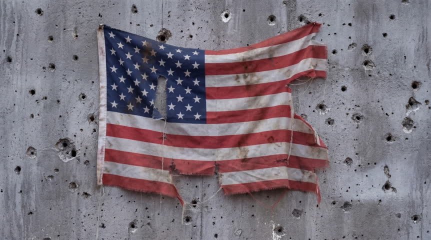 Tattered flag hangs from bullet-riddled concrete wall. Worn fabric shows signs of conflict and struggle. Stars and stripes drape over damage, symbolizing resilience. Visual evokes themes of war, loss