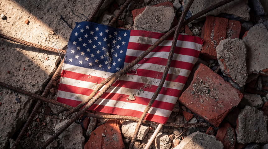 American flag lies amid rubble and broken bricks. Sunlight hits the flag