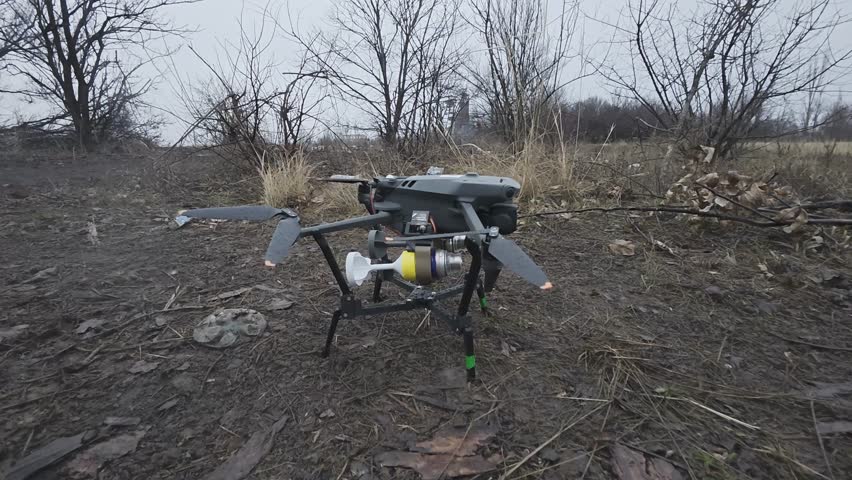 A Ukrainian military drone equipped with an explosive device prepares for takeoff in the Donbas region during the ongoing Russian-Ukrainian War in January 2025. 
