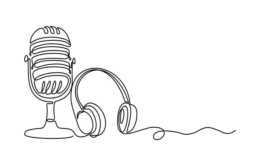 Animated self drawing of continuous line draw Retro microphone and headphone speaker device gadget. Full length one line animation. 4K
