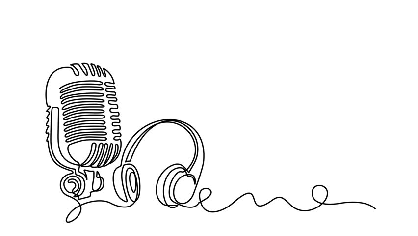 Animated self drawing of continuous line draw Retro microphone and headphone speaker device gadget. Full length one line animation. 4K