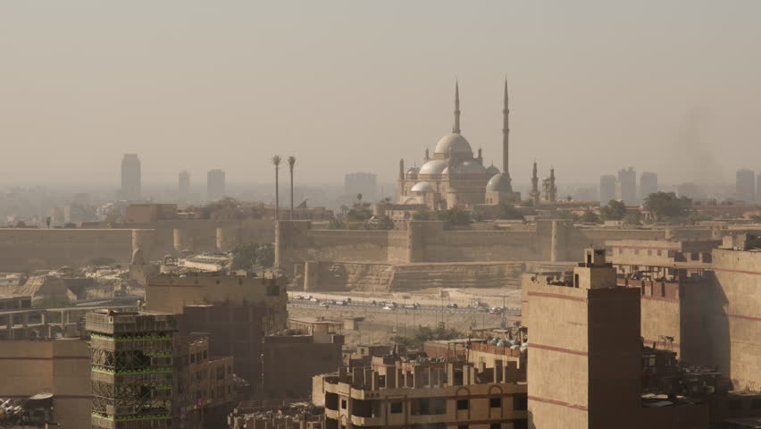 View of Saladin Citadel with Muhammad Ali Mosque on Muqattam Hill in cityscape of Cairo Egypt