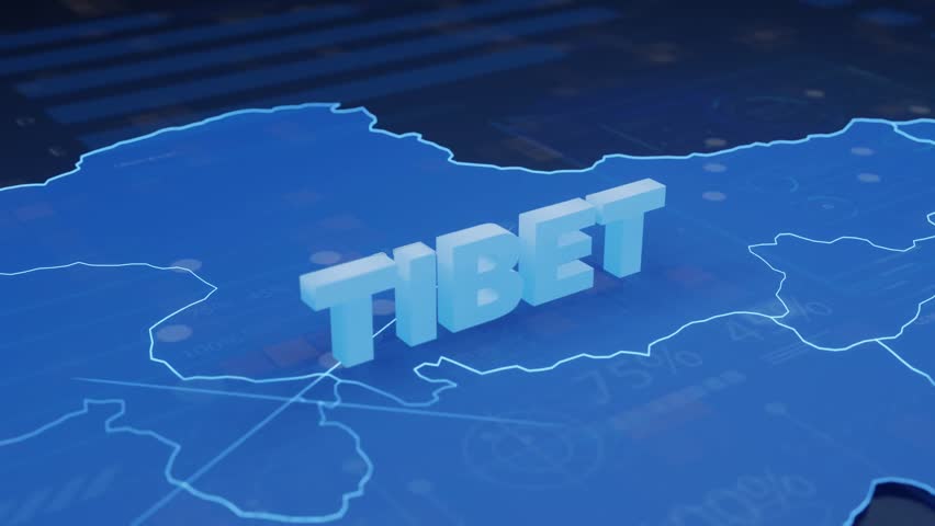 Tibet Map Futuristic Digital Background. This dynamic video features a glowing blue map of Tibet, complete with extruded 3D text and futuristic user interface (UI) elements as a backdrop. The animation provides a high-tech and sophisticated visual, perfect for showcasing local business, regional news, technological initiatives, or cultural highlights related to Tibet. The ambient lighting and subtle depth of field create an engaging atmosphere, suitable for corporate presentations, data visualizations, educational content, or any project focusing on this specific geographic region.