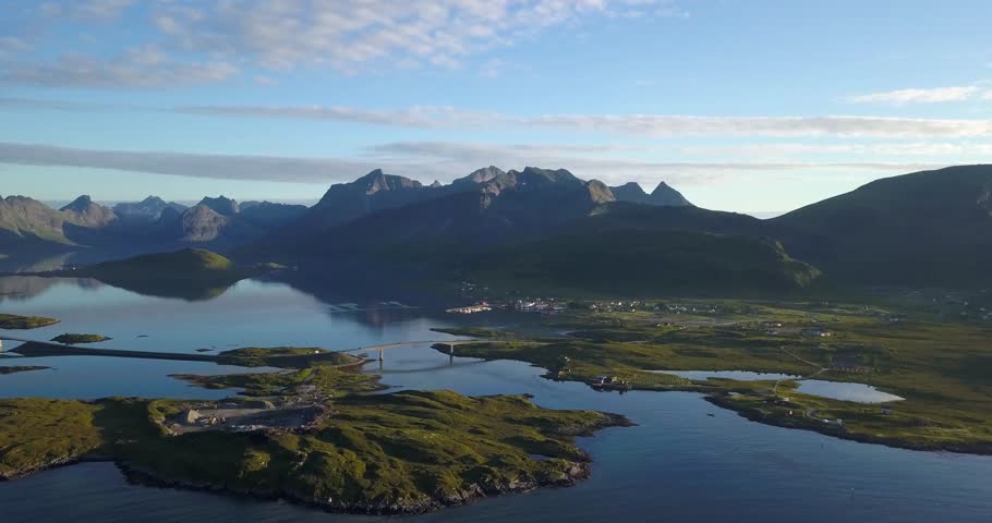 Fjord landscape with coastal islands and mountains in Lofoten Islands Norway