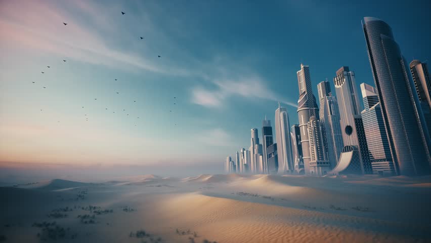 Futuristic City Defense System Firing at Aerial Threats in Desert Landscape. Laser Air Defense System Protecting Modern Skyscrapers from Aerial Threats