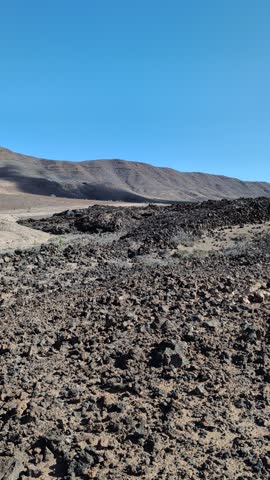 Dry volcanic landscape with sparse green vegetation in Fuerteventura, Spain.