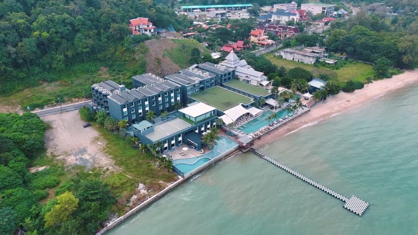 Overhead drone view tropical hotel and pool in Phuket Thailand