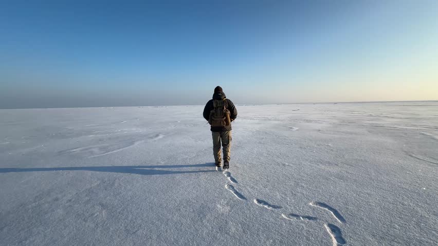 Lone traveler walking across frozen lake with footprints in snow under clear blue sky