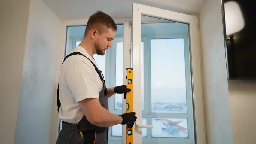 Professional handyman installing a new plastic window