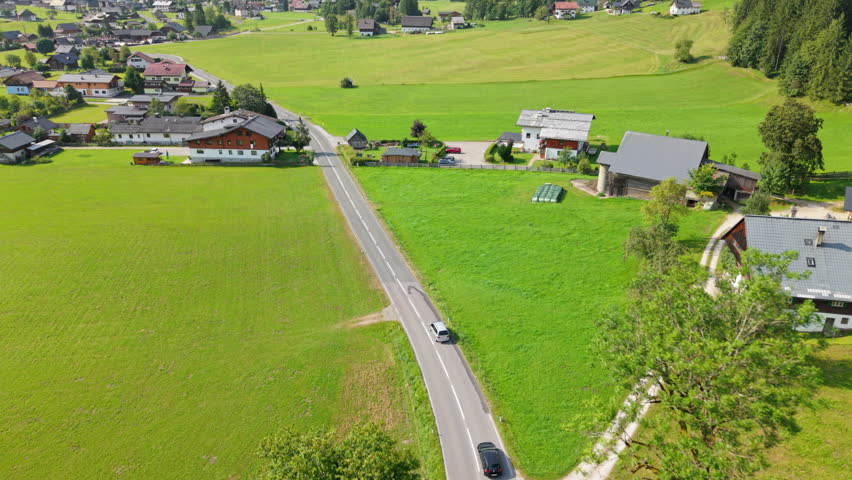 High angle aerial shot of Gosau village and alpine valley at summer, Austria