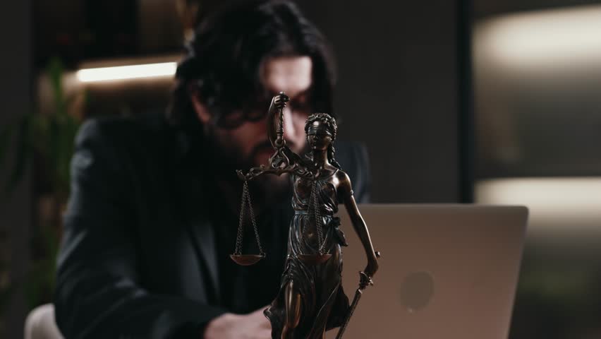 Professional male attorney analyzing case files with Themis statue on desk. Law and justice concept.
