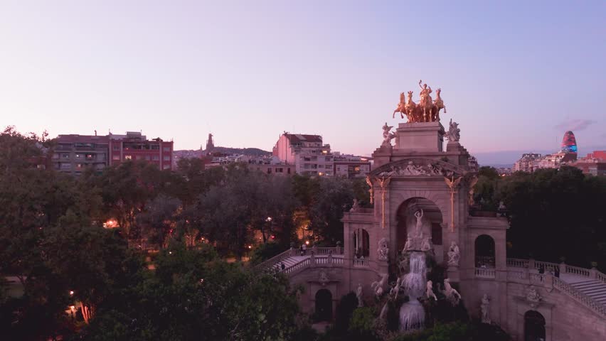 Aerial view of cascada monumental at parc de la ciutadella in barcelona at sunset