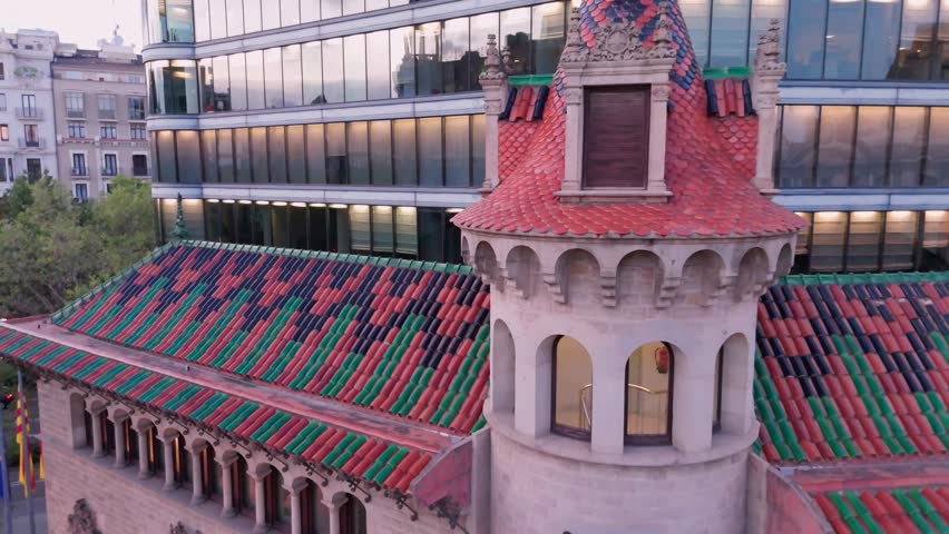 Aerial drone view of casa de les punxes in barcelona spain