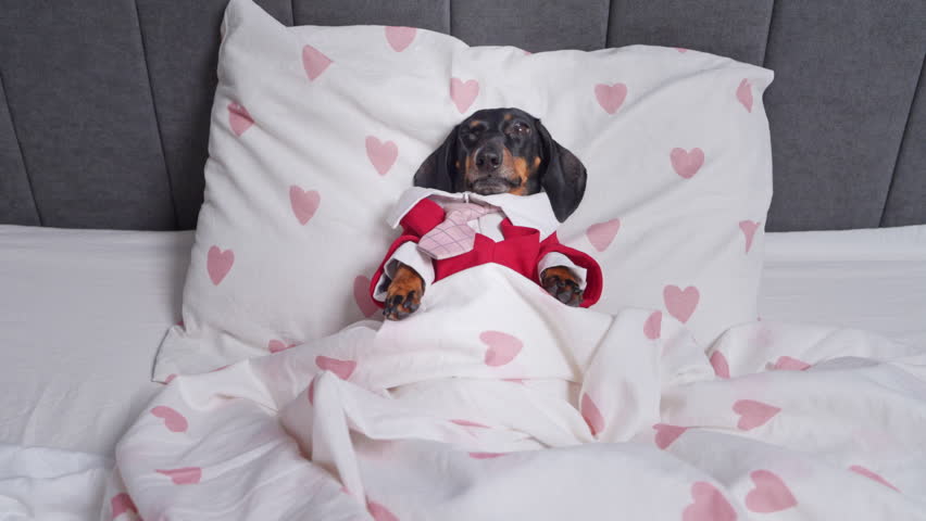Black and tan dachshund lies tucked into white bedding with pink hearts while wearing a red outfit creating a cozy whimsical bedtime pet portrait in a neatly made bed