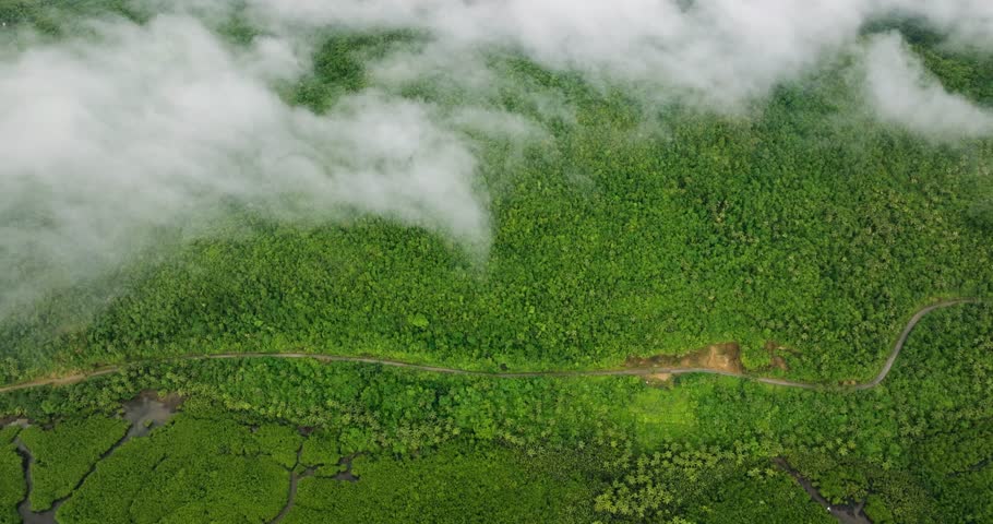 Low clouds drift over dense green hills and forest with road cutting through the landscape. Siargao, Philippines.